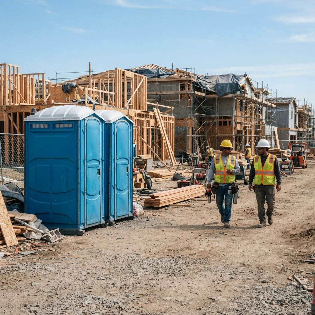 Portable toilet cabins at a busy California construction site