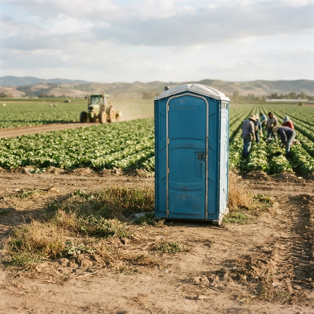 Portable toilet cabin at the edge of a farm field