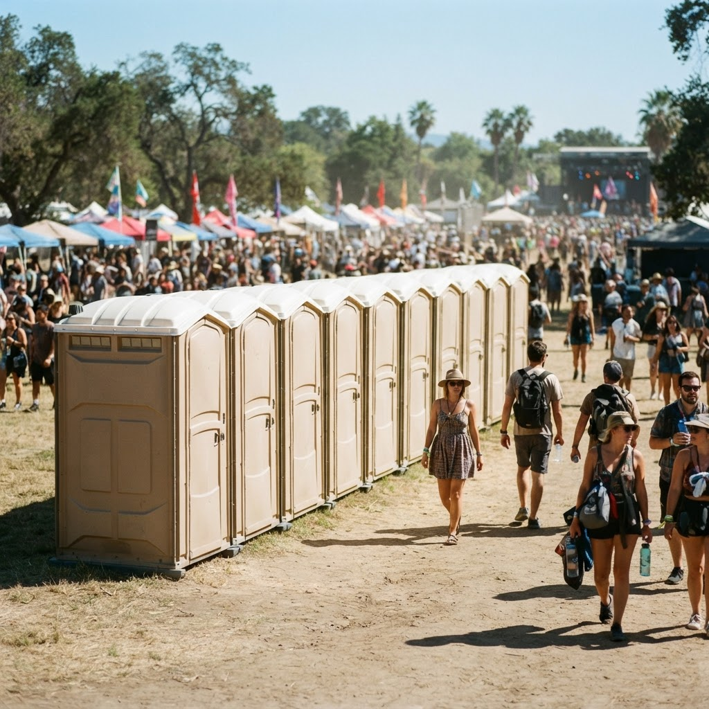 Row of portable toilet cabins at an outdoor festival