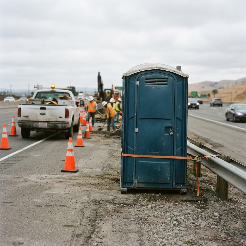 Portable toilet cabin at a highway roadwork zone